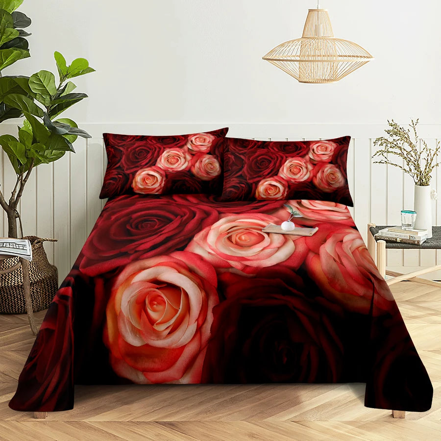 A close-up of a red rose digital print bedding set featuring deep red and pink roses on a dark background.