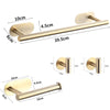 A set of five stainless steel bathroom accessories for adhesive mounting, shown with various dimensions.