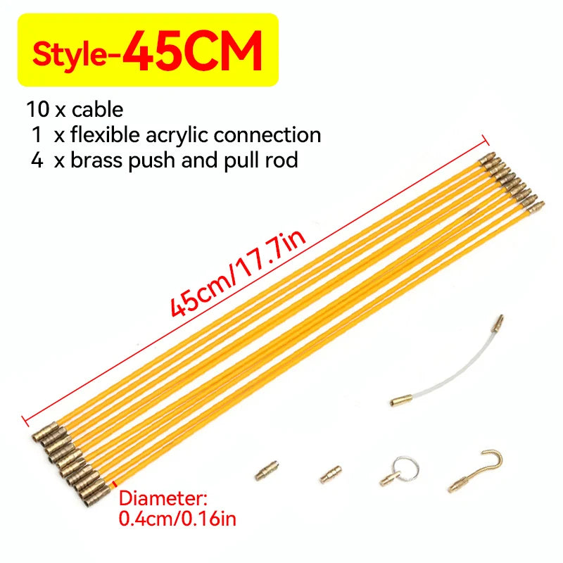 A set of 10 fiberglass fish tape wires with brass push and pull rods and flexible acrylic connections.
