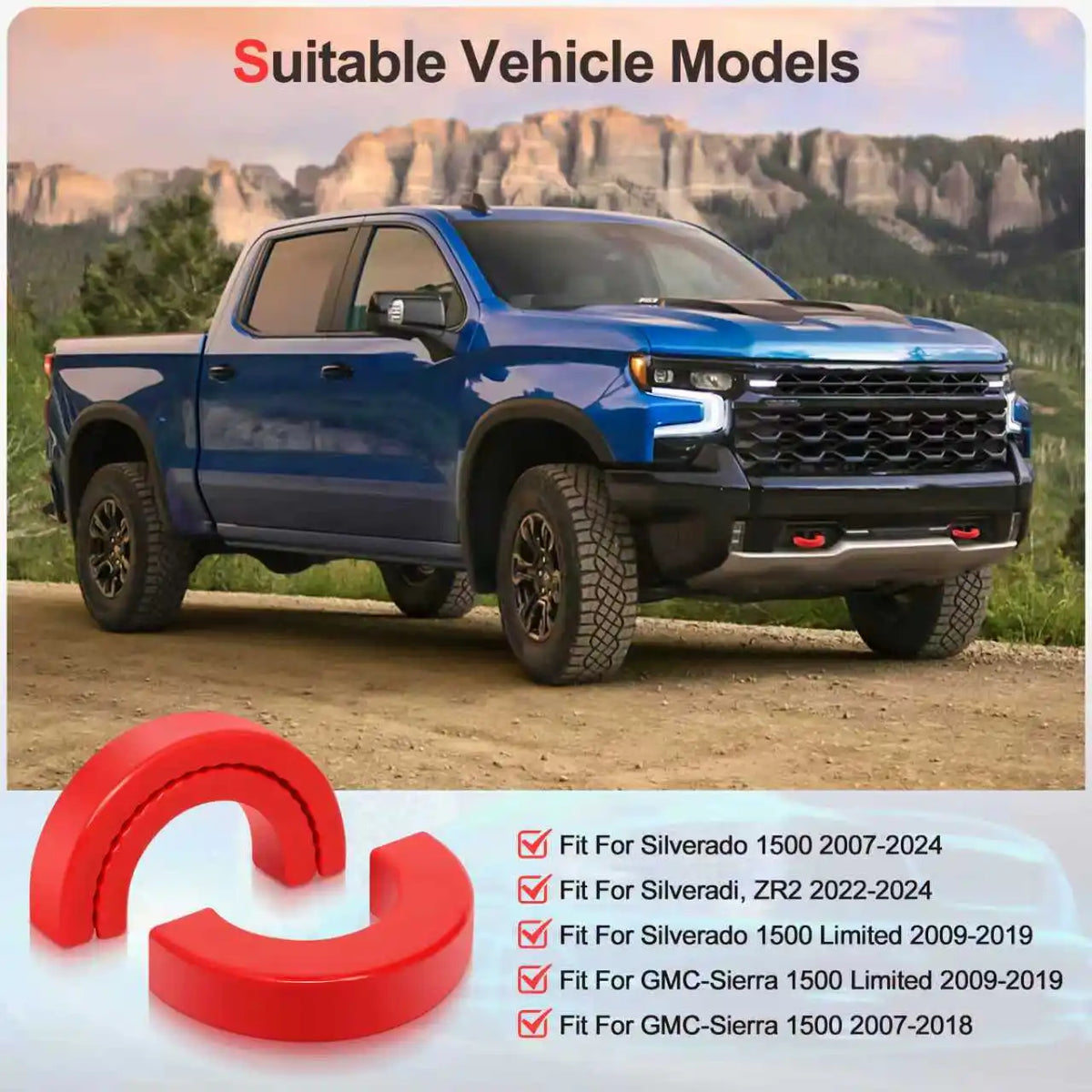 Silicone tow hook covers for Chevy Silverado and GMC Sierra 1500 trucks shown with vehicle models.