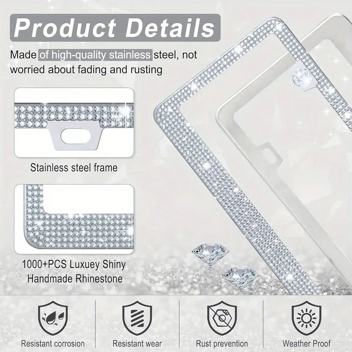 Crystal Rhinestone License Plate Frame with Screw Caps
