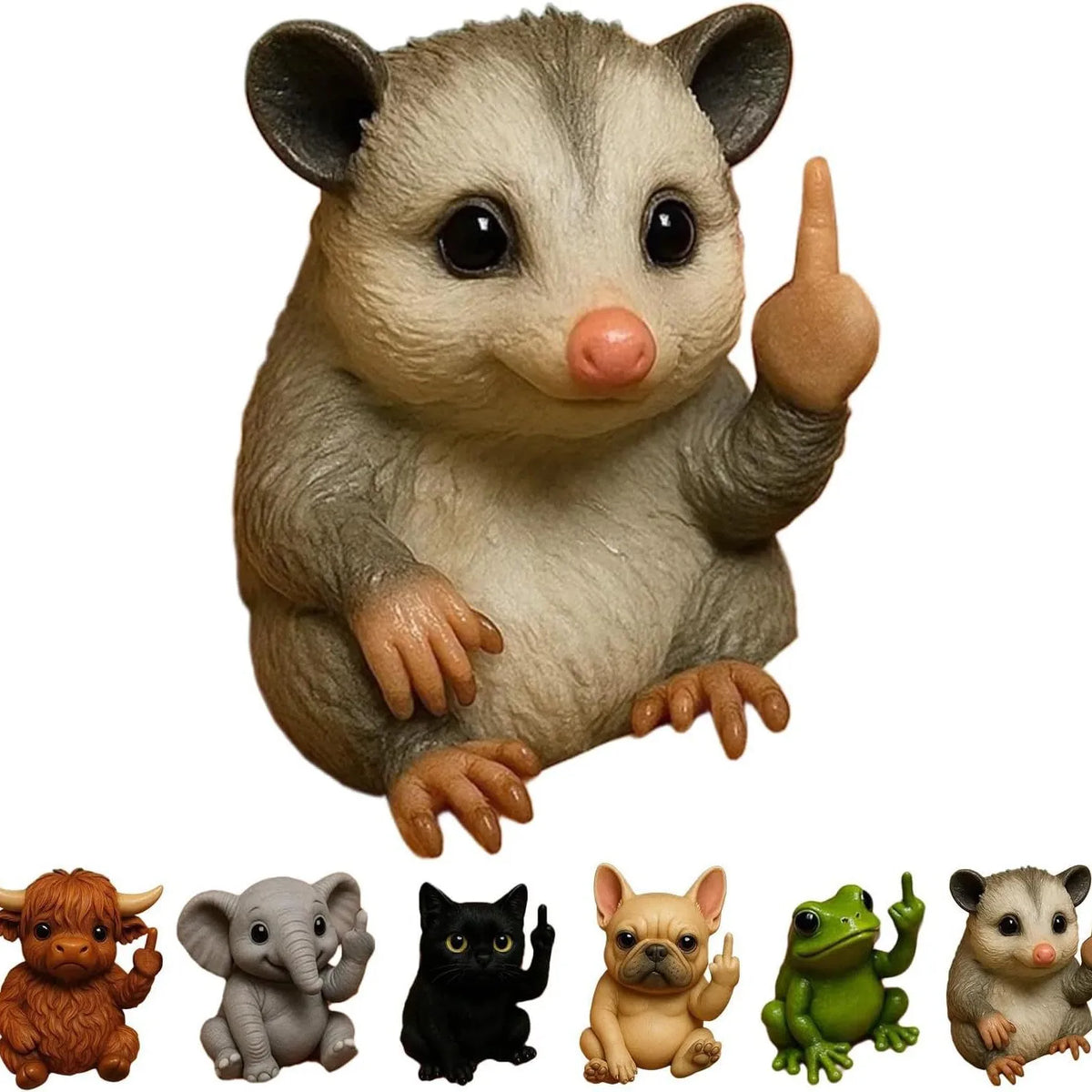 Una figura realista de un roedor gris haciendo el gesto de mostrar el dedo medio.
