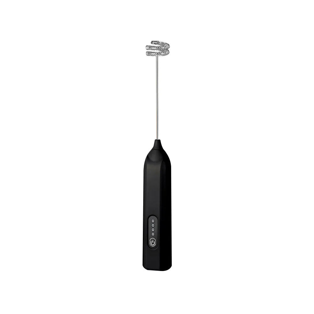 A black handheld USB rechargeable milk frother with a long metal wand.