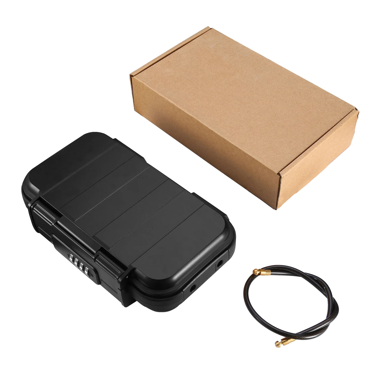 A black portable 4-digit combination safe lock box with a steel cable and a cardboard box.