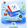 A white and red 3x3 speed cube is displayed next to a tablet, illustrating the Cube Station puzzle game app.