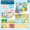 A set of learning materials including an alarm clock, letter cards, and various educational activities for a DIY journey.