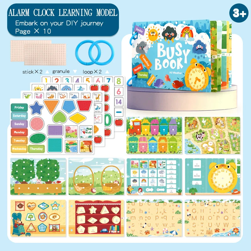 A set of learning materials including an alarm clock, letter cards, and various educational activities for a DIY journey.