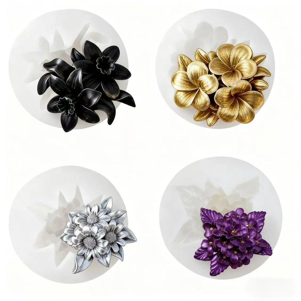 Trois moules en silicone en forme de fleurs noirs, or et violets pour cire de bougie