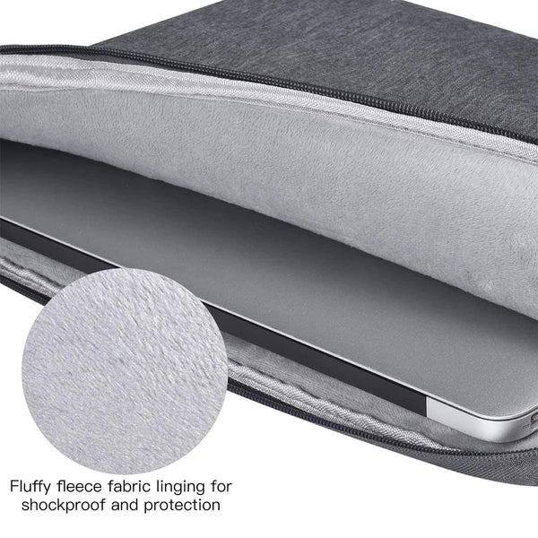 A gray fluffy fleece lining inside a laptop sleeve for shockproof and protection.