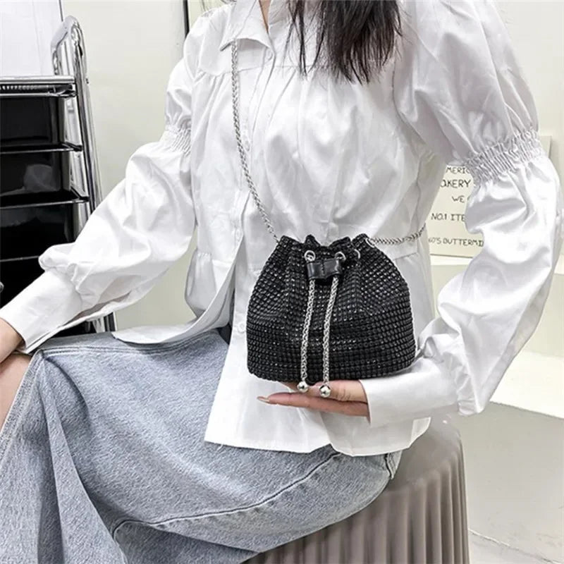 Rhinestone Bucket Crossbody Bag with Detachable Chain Strap