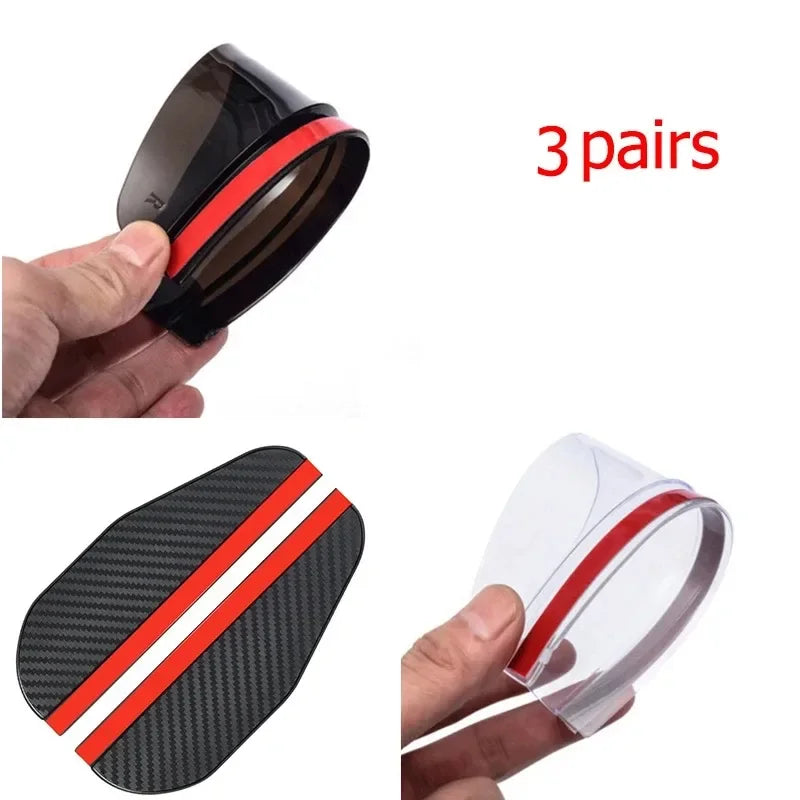 Three pairs of carbon fiber car side mirror rain and sun visors shown in various angles.