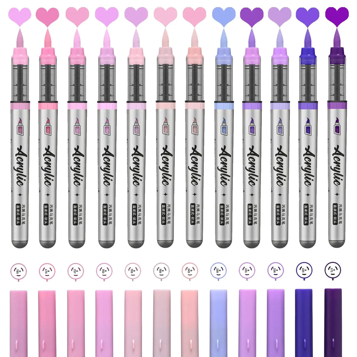 A set of twelve acrylic paint markers featuring various colors and brush tips, displayed vertically.