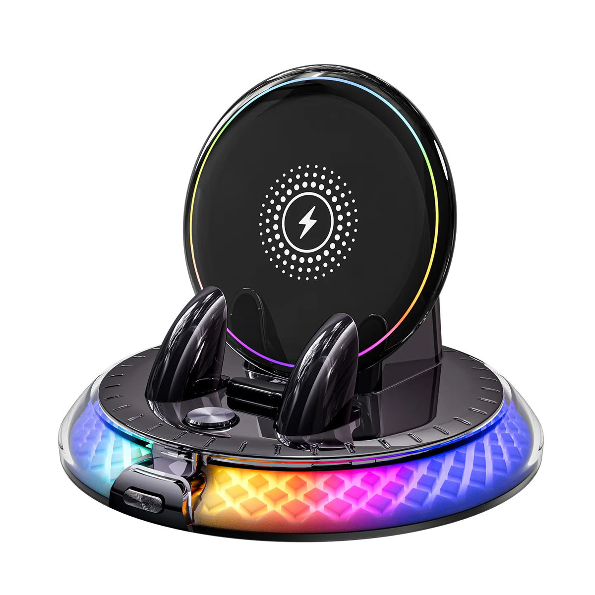 A black wireless car charger mount with an RGB ambient light and a rotating base.