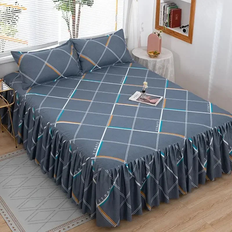 Elegant Elastic Fitted Bed Sheet Set with Lace Skirt and Pillowcases