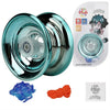 A shiny, teal aluminum yo-yo with an LED light mechanism and packaging.