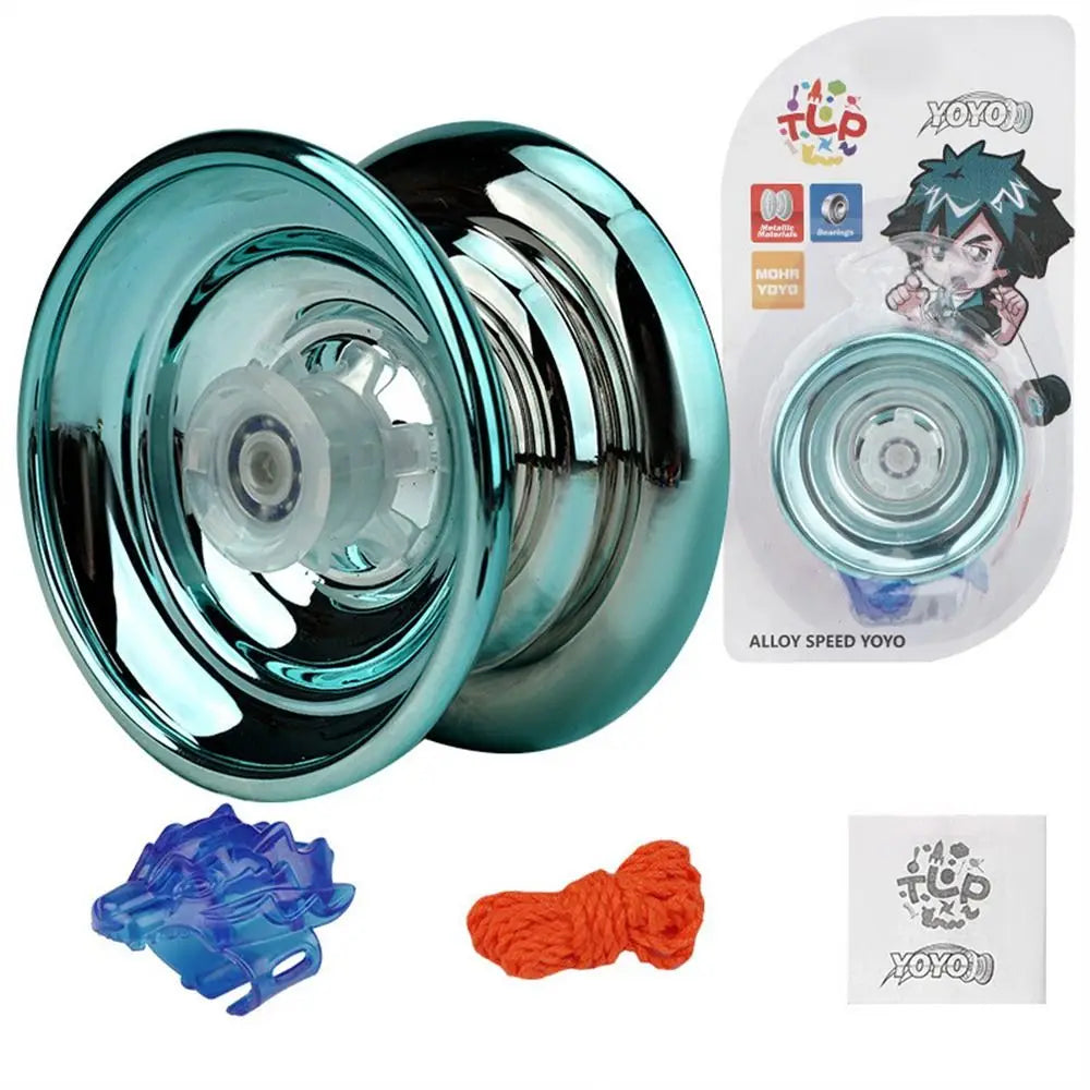 A shiny, teal aluminum yo-yo with an LED light mechanism and packaging.