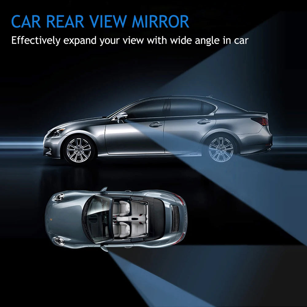 A car rear view mirror is shown with a wide angle lens, demonstrating how it expands the driver's view.