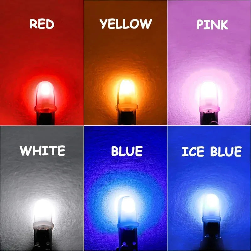 A grid showing various colored T5 wedge LED bulbs including red, yellow, pink, white, blue, and ice blue.