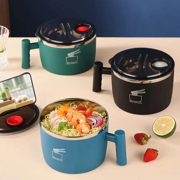Portable Stainless Steel Noodle Bowl with Draining Lid