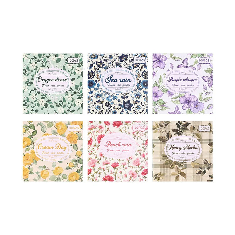 A collection of nine sheets of vintage floral scrapbook paper featuring various watercolor designs like oxygen dense, sea rai