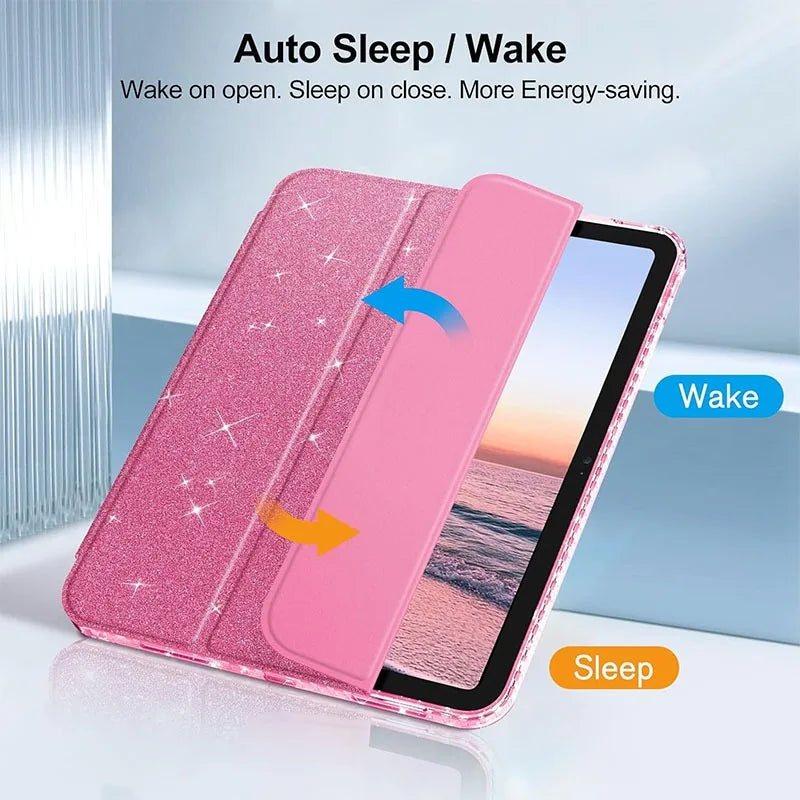 Coque rose pailletée et protectrice pour iPad, montrant les fonctions de mise en veille et de réveil automatique.
