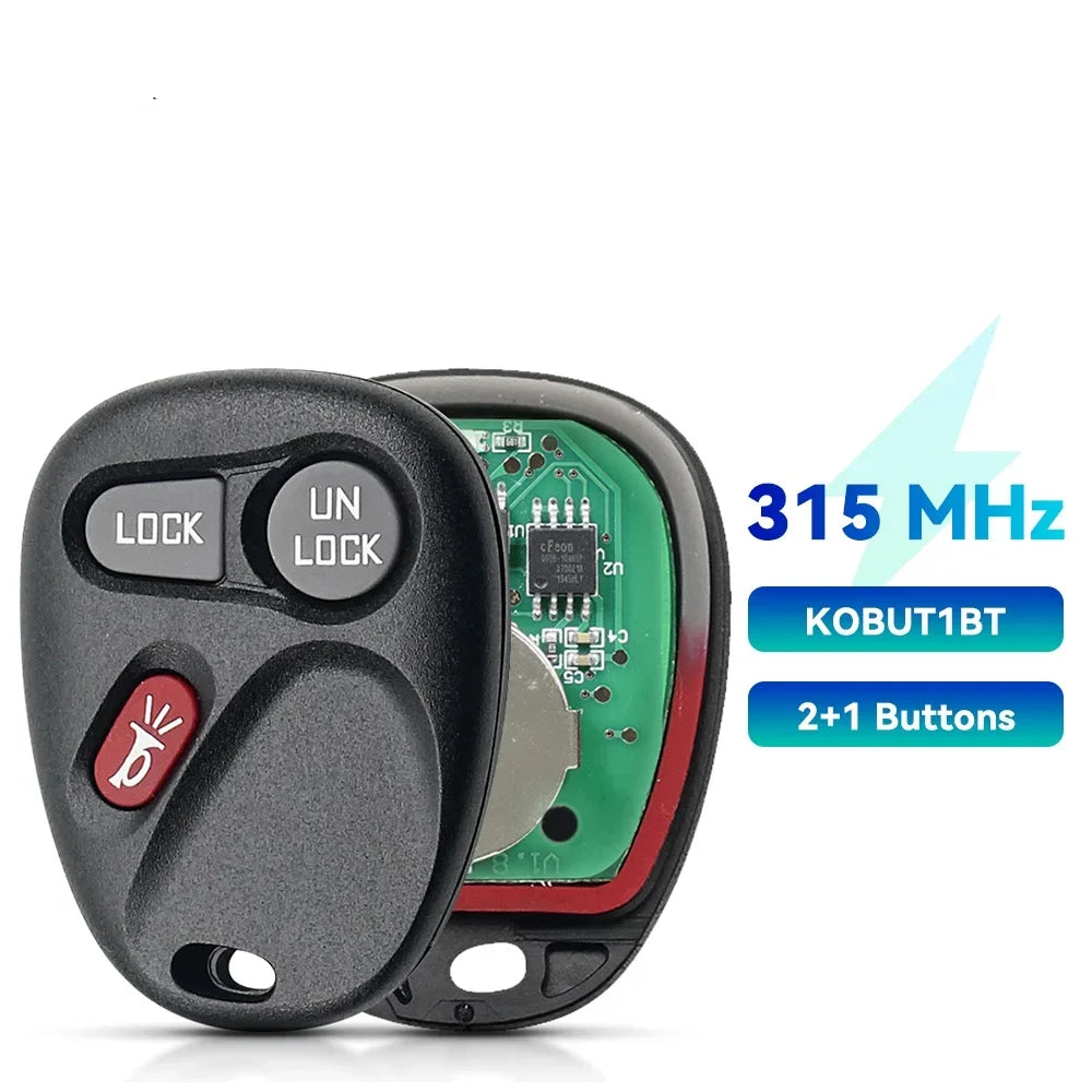 A black replacement remote car key fob with LOCK and UN LOCK buttons, featuring 2+1 buttons and operating at 315 MHz.