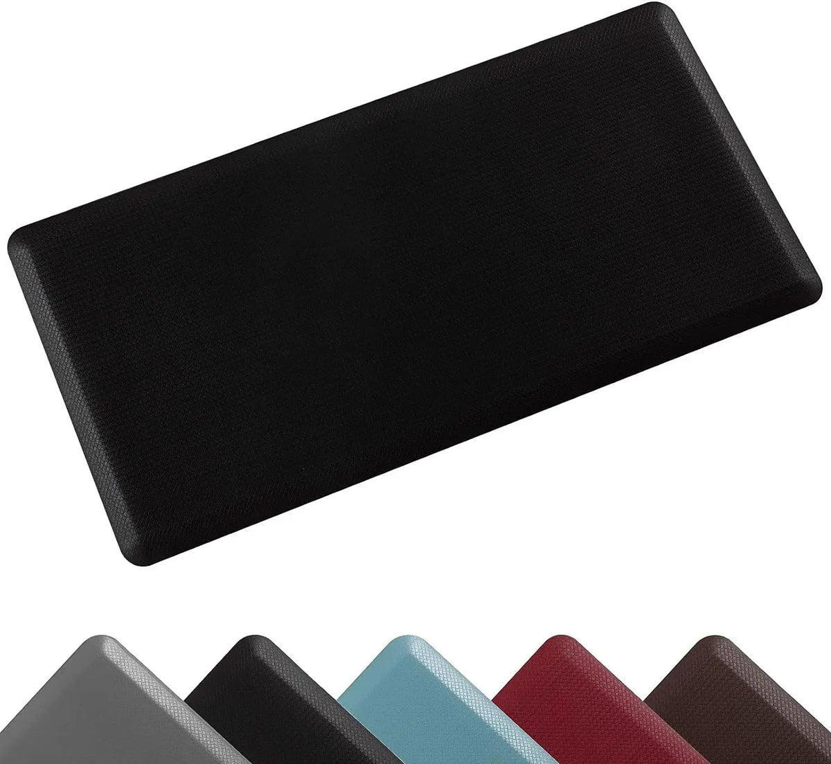 A black anti-fatigue standing mat with a waterproof non-slip surface shown from above.