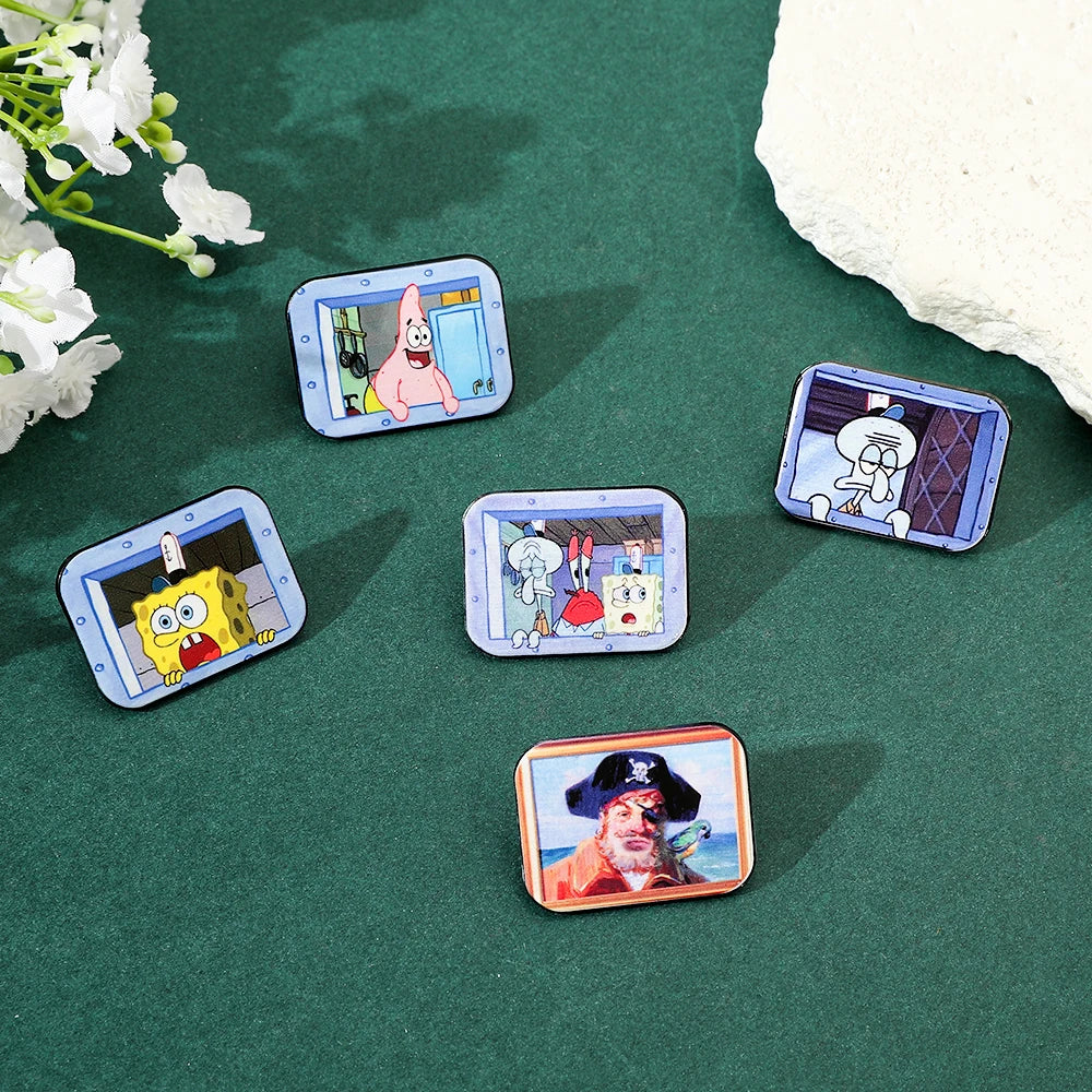 A collection of enamel pins featuring characters from SpongeBob SquarePants and Captain Patrick Star