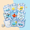 A set of waterproof baby bibs and burp cloths featuring various cartoon prints like a yellow bird and an elephant.