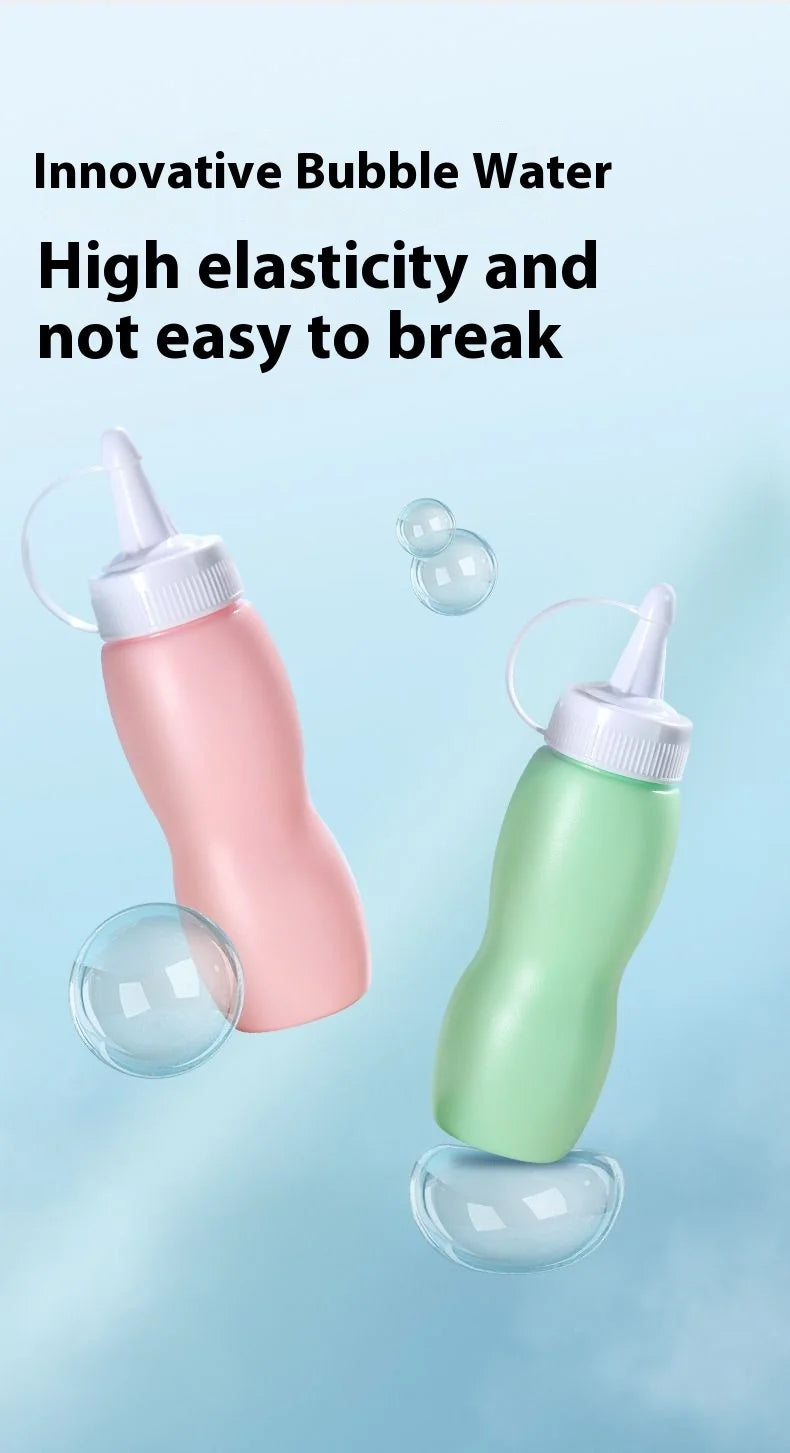 Two plastic bottles of innovative bubble water in pink and green colors with clear bubbles