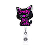A black glitter acrylic badge reel featuring a cat lady design with pink text.