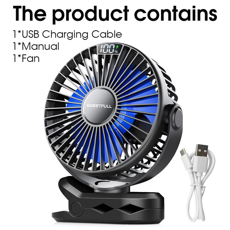 USB-Rechargeable Clip-On Desk Fan with Digital Display