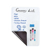 A white magnetic dry erase board with a grocery list written on it, featuring various food items.