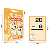 A box of subtraction flash cards showing 13 minus 7 and 18 minus 6 for ages 3-up