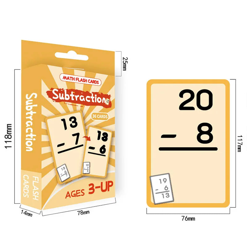 A box of subtraction flash cards showing 13 minus 7 and 18 minus 6 for ages 3-up