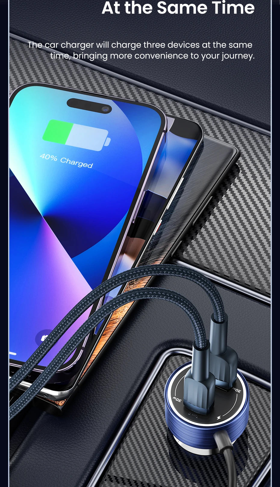 60W USB-C Car Charger with Built-In Spring Cable