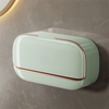 A rectangular, light mint green wall mounted waterproof soap dish with a copper trim is displayed on a gray surface.