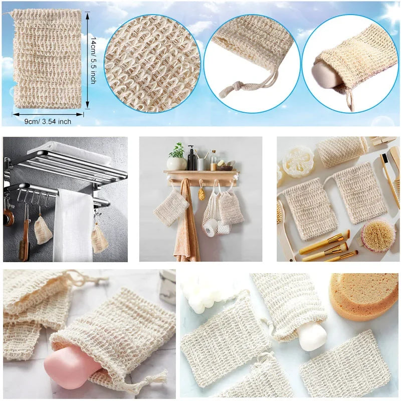 Various natural sisal soap saver bags and exfoliating mesh products shown in different angles and contexts.