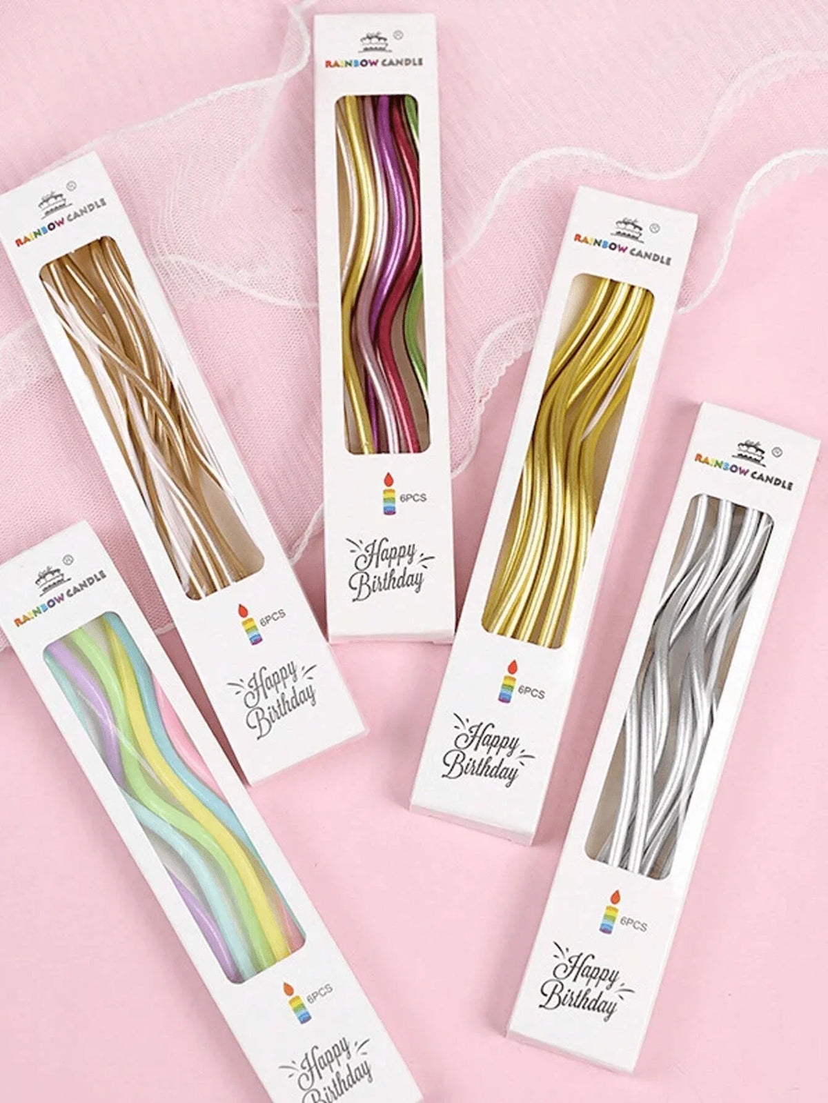 Spiral Birthday Cake Candles, Set of 6 Long Thin Decorative Candles for Cakes and Desserts