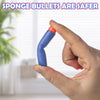 A hand holds a blue sponge bullet with an orange tip, demonstrating a safer alternative to traditional darts.