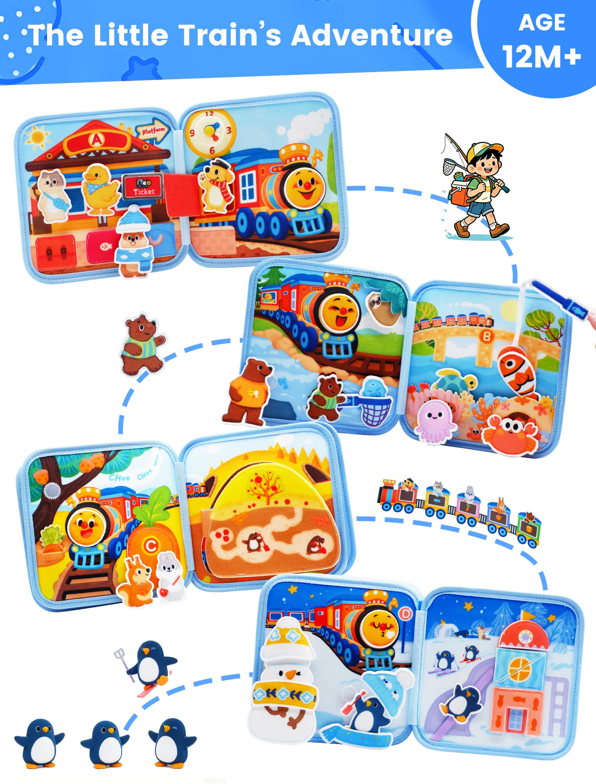 A set of felt activity books and a little train toy for toddlers featuring various sensory learning themes.
