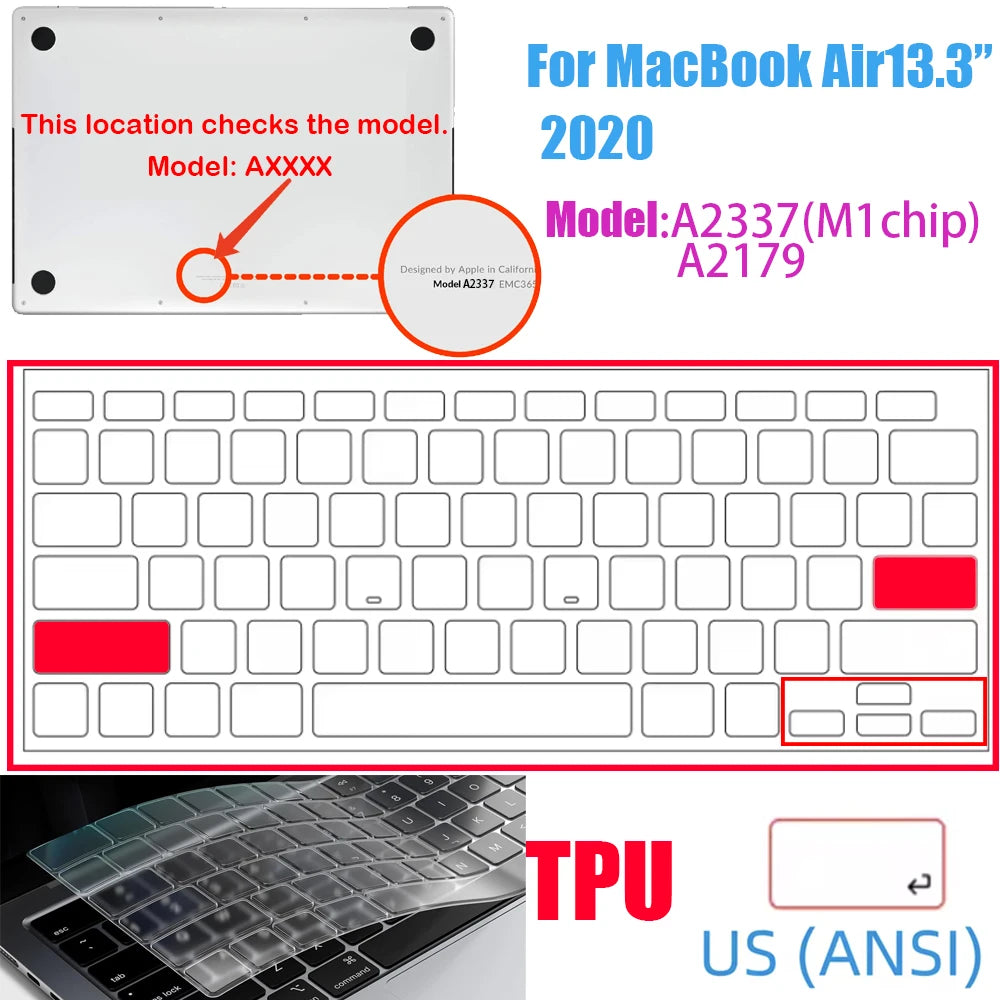 A close-up view of an ultra-thin TPU keyboard cover for a MacBook Air, showing the layout and design.