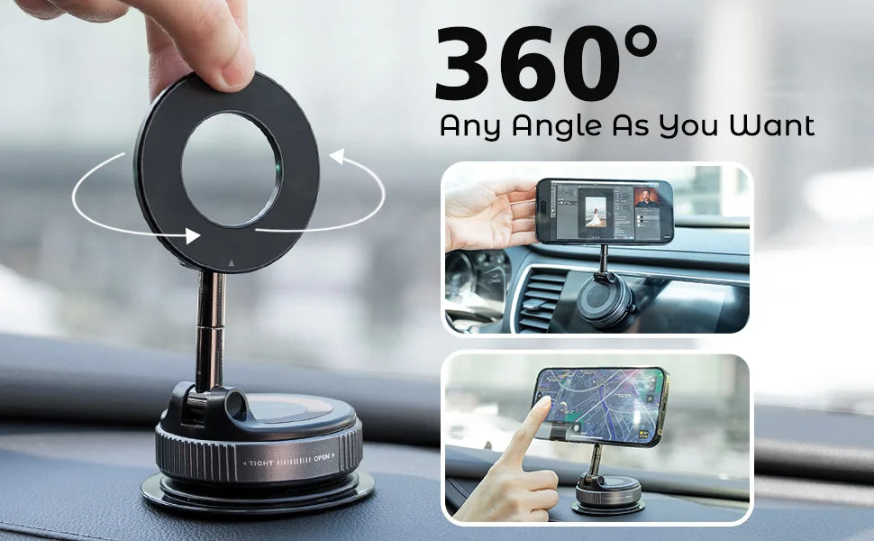 A strong magnetic car phone holder with a foldable 360° adjustable arm is shown in use inside a car.