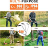 Ergonomic trimmer handle shown in various contexts including yard, curb, and thicket.