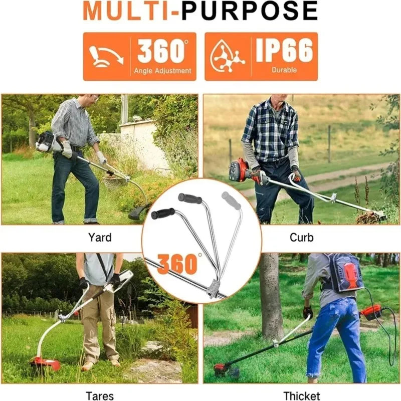 Ergonomic trimmer handle shown in various contexts including yard, curb, and thicket.