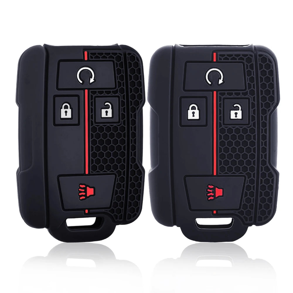 Black silicone key fob cover for Chevy Silverado and GMC Sierra with four buttons.