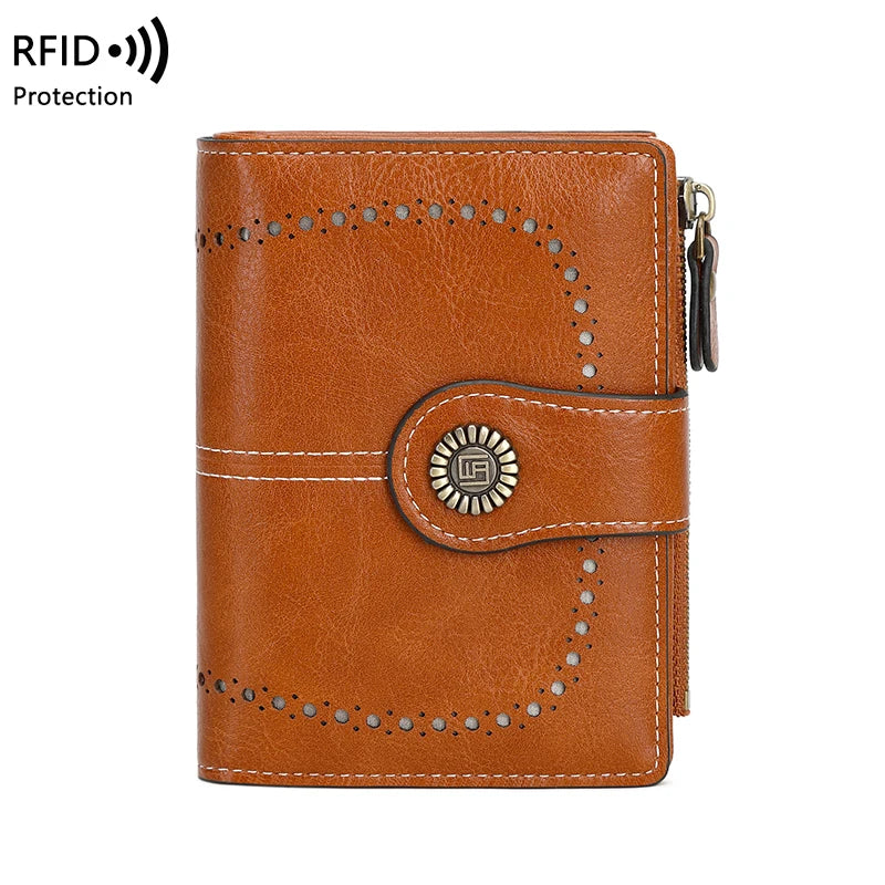 A brown leather wallet with RFID protection and multiple card slots.