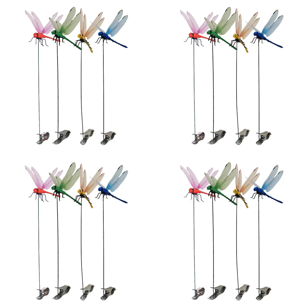 A set of lifelike dragonfly garden clips featuring various insect repellent designs and colors.