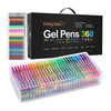 A pack of 180 UnityStar gel pens with refills featuring various colors including glitter, metallic, pastel, and neon ink.