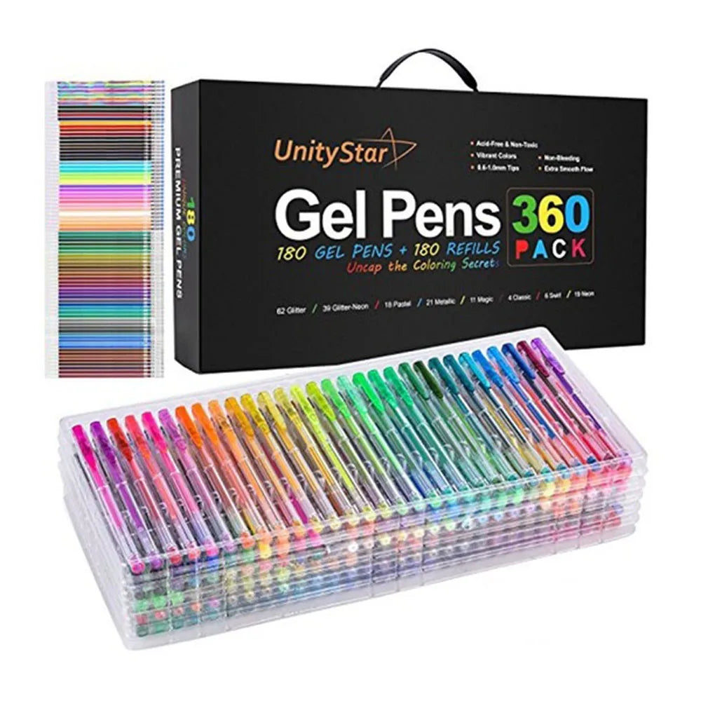 A pack of 180 UnityStar gel pens with refills featuring various colors including glitter, metallic, pastel, and neon ink.